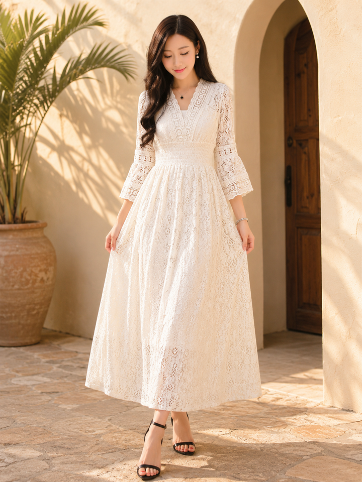 White Lace Bell Sleeve Midi Dress