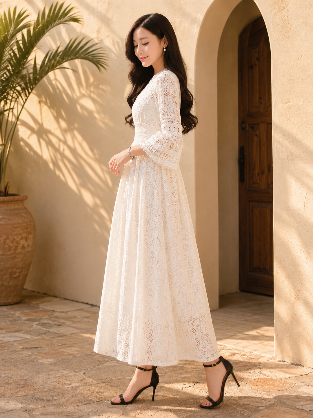 White Lace Bell Sleeve Midi Dress