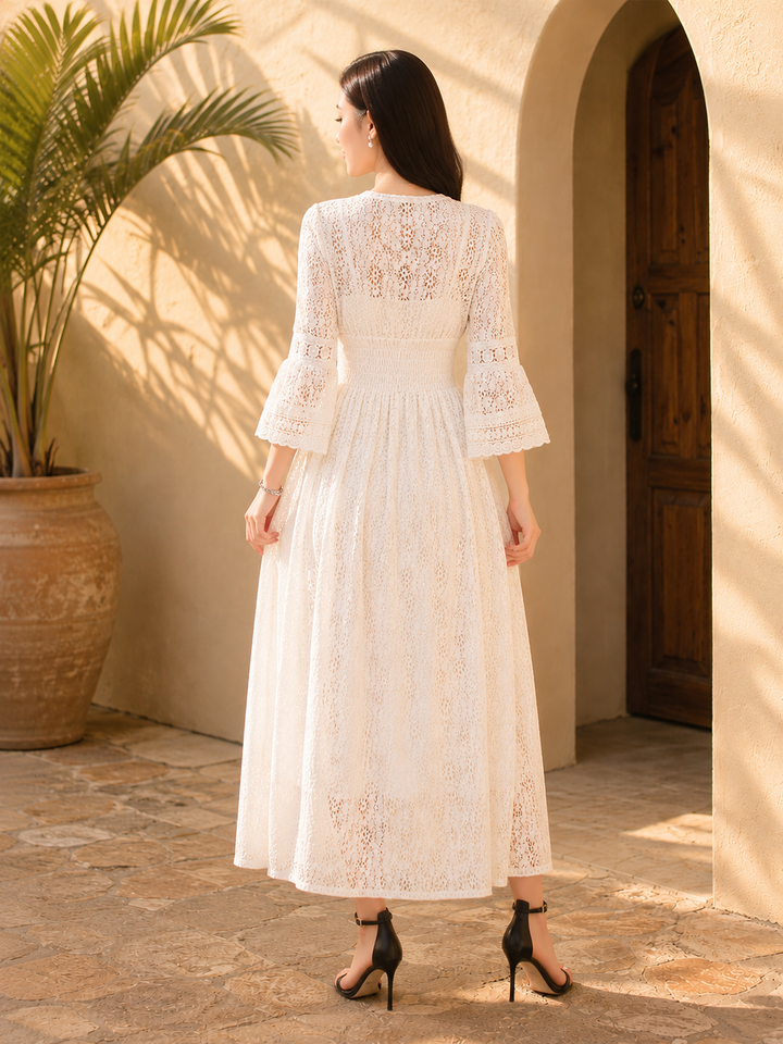 White Lace Bell Sleeve Midi Dress
