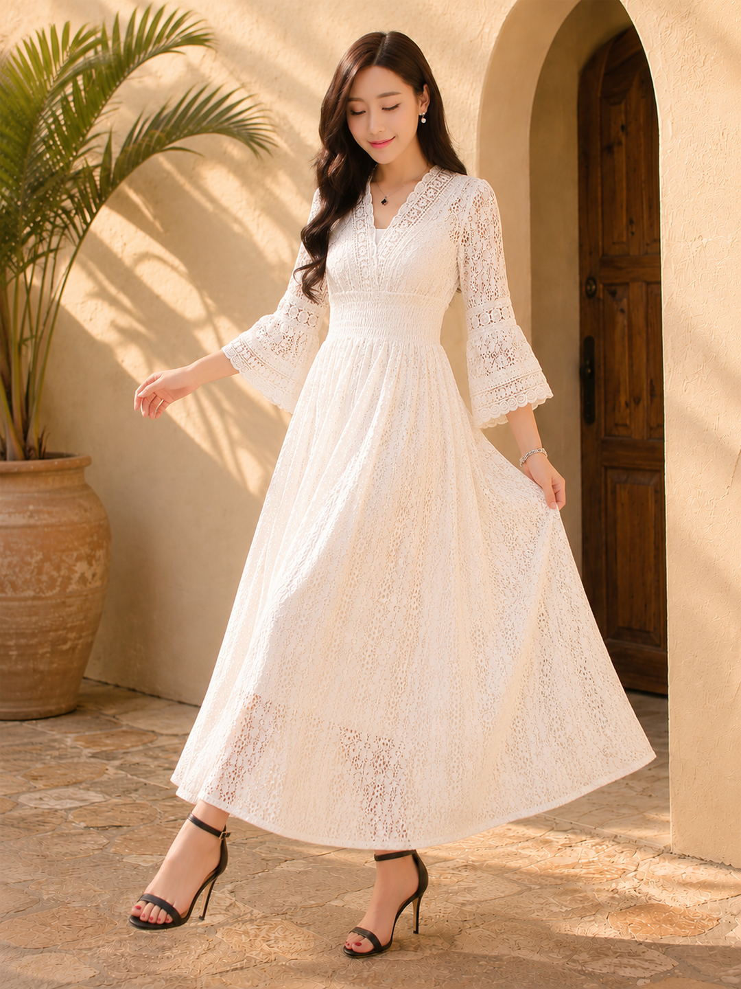 White Lace Bell Sleeve Midi Dress