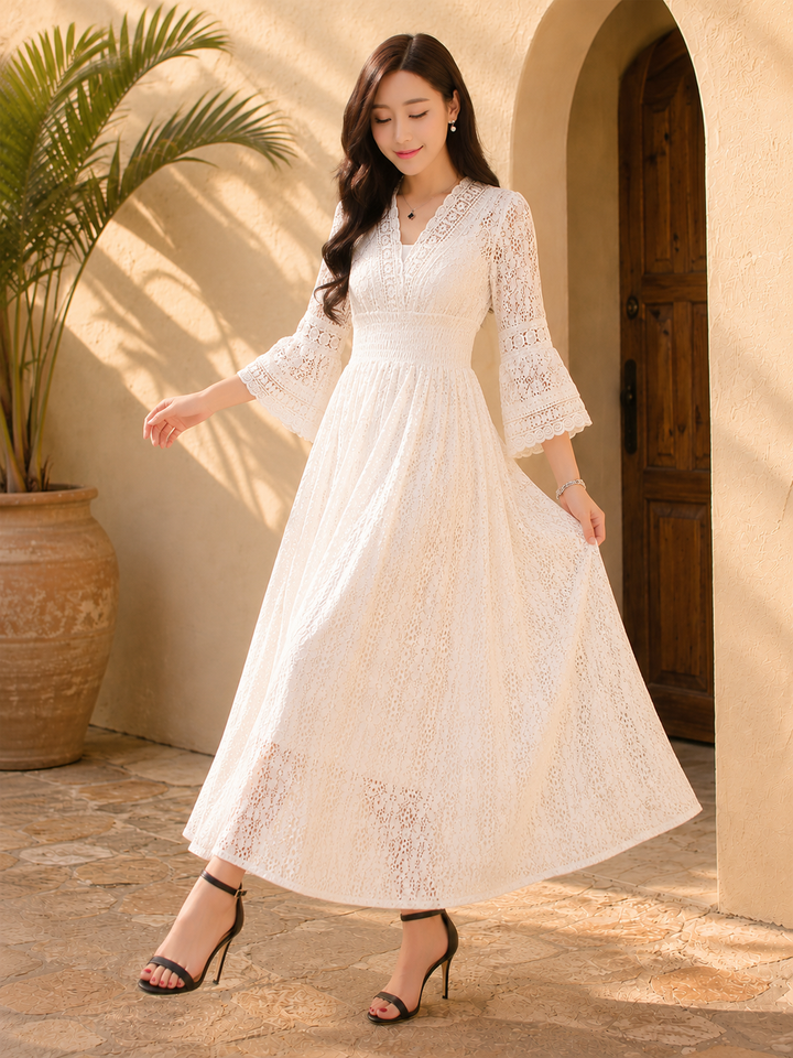 White Lace Bell Sleeve Midi Dress
