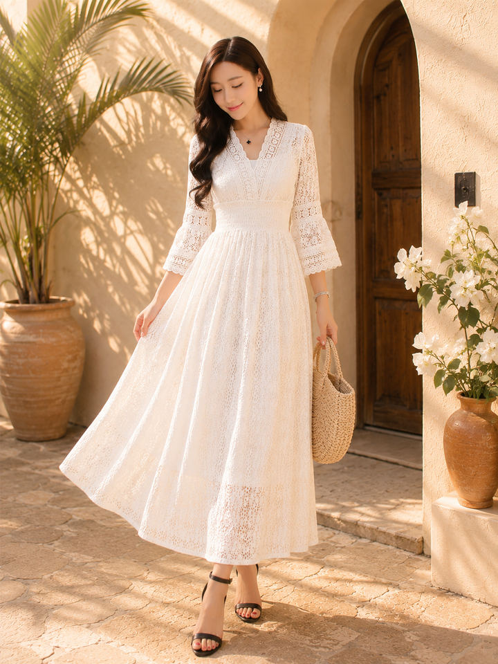 White Lace Bell Sleeve Midi Dress