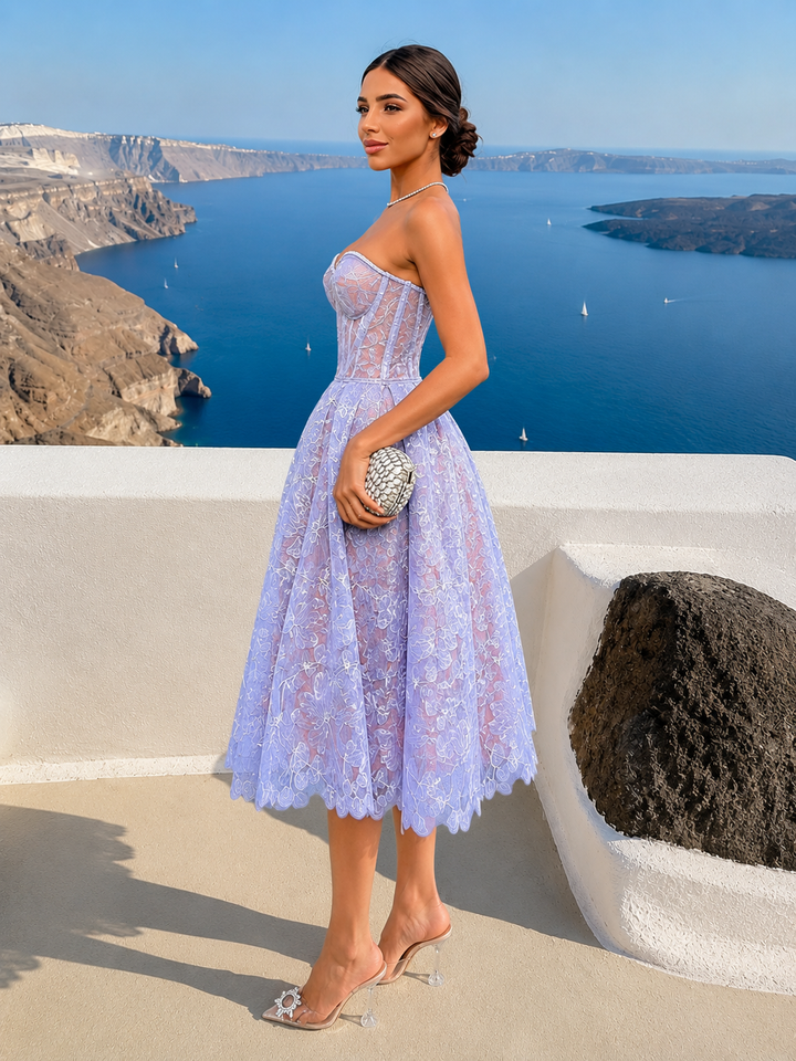 Lace Chiffon Strapless Midi Dress