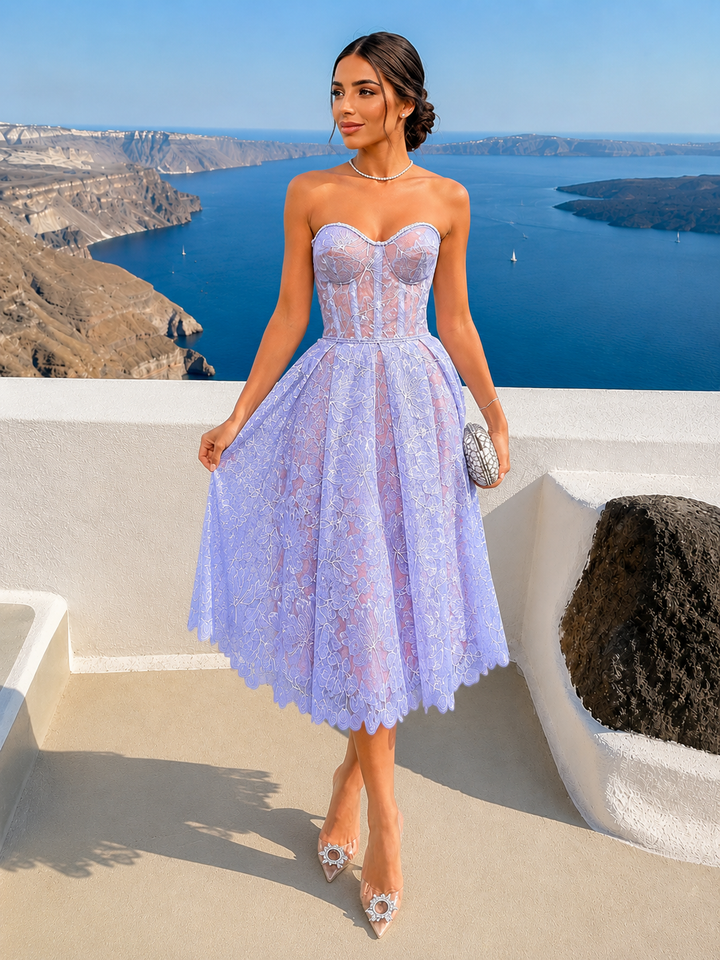 Lace Chiffon Strapless Midi Dress
