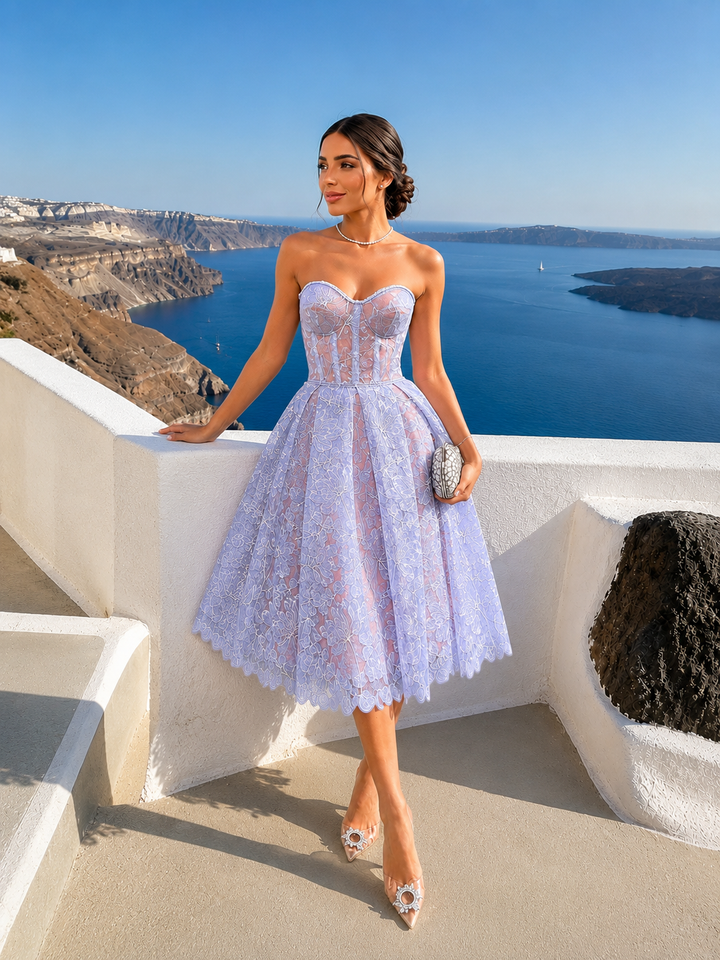 Lace Chiffon Strapless Midi Dress
