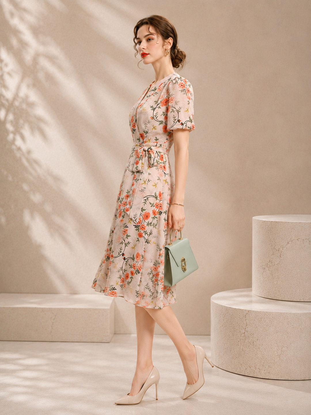 French Floral Silk Midi Dress