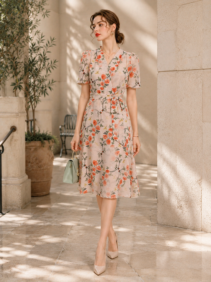 French Floral Silk Midi Dress