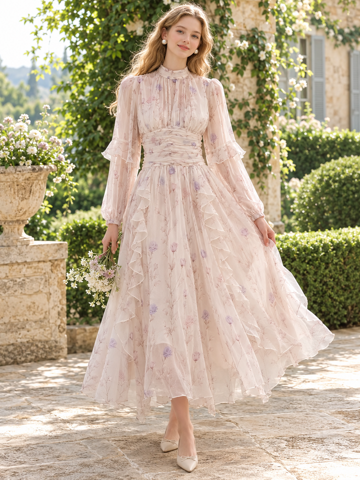 French Floral Long Sleeve Midi Dress