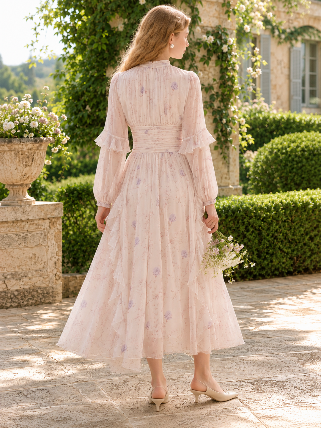 French Floral Long Sleeve Midi Dress
