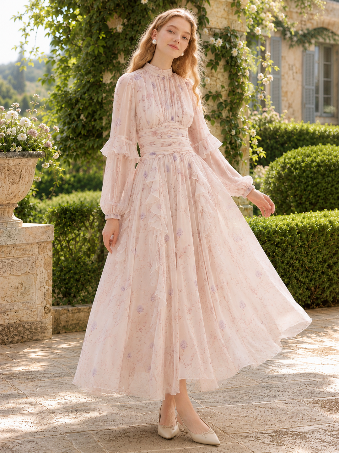 French Floral Long Sleeve Midi Dress