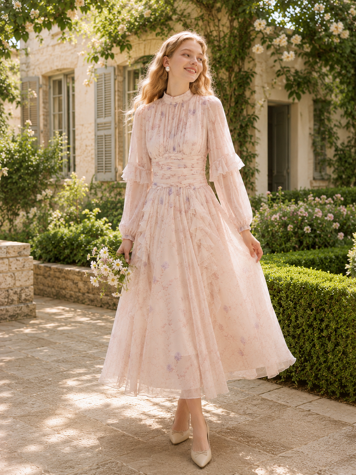 French Floral Long Sleeve Midi Dress