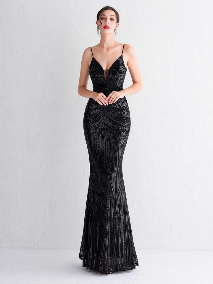 Sequin Deep V-Neck Maxi Dress