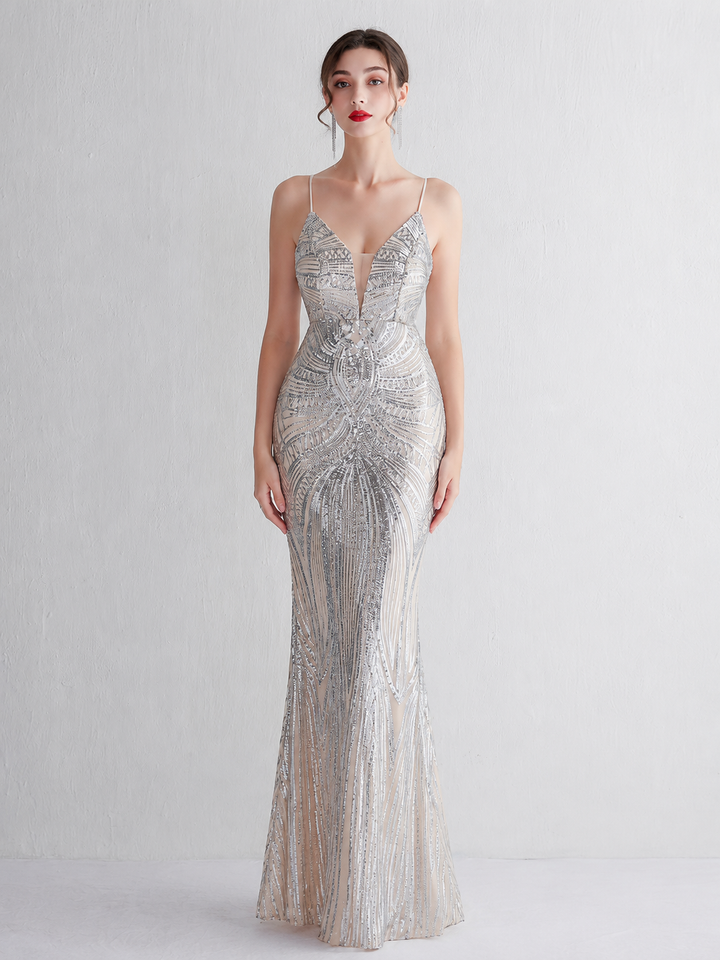 Sequin Deep V-Neck Maxi Dress
