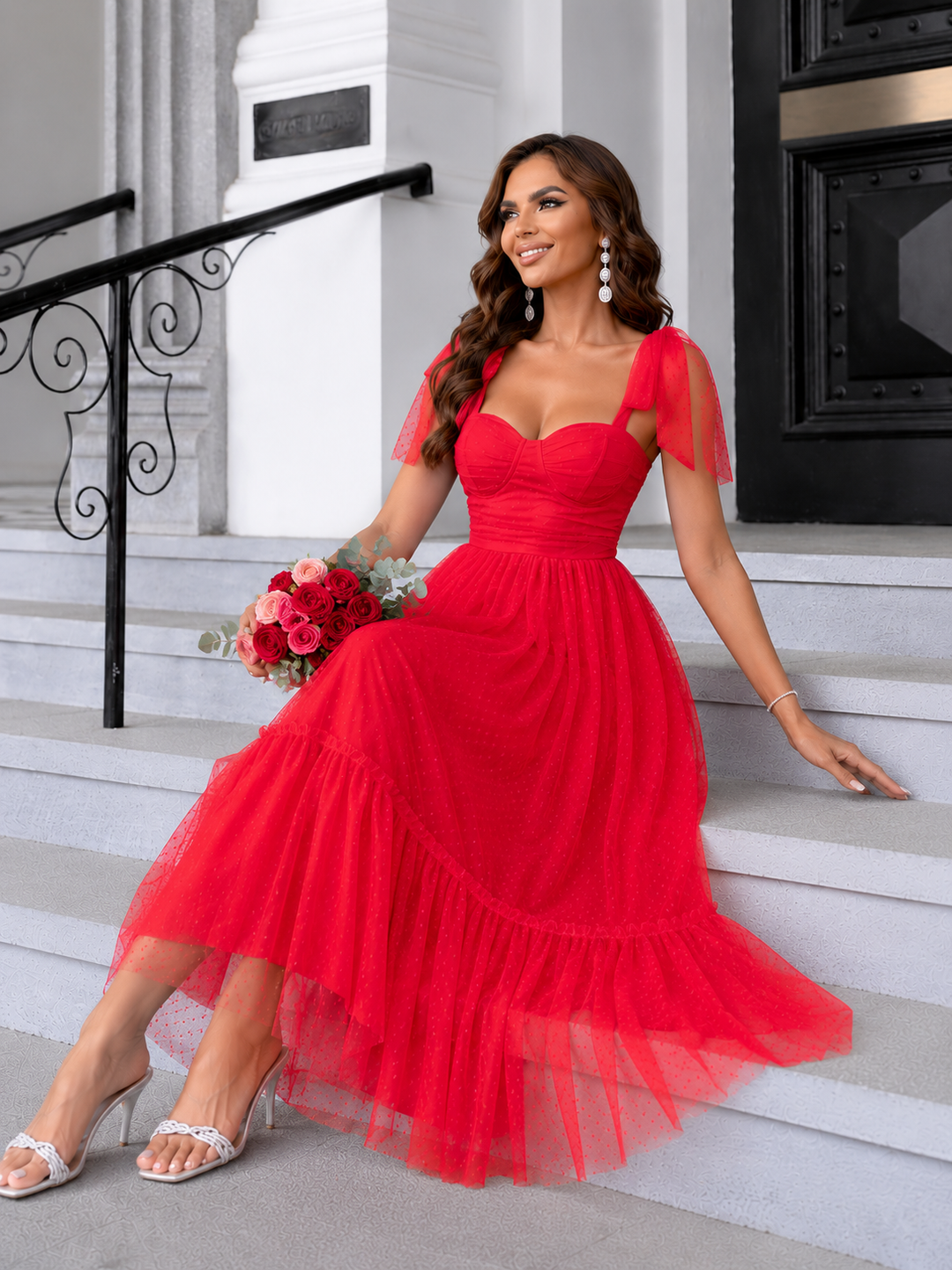 Tulle Midi Dress with a Ruffled Hem