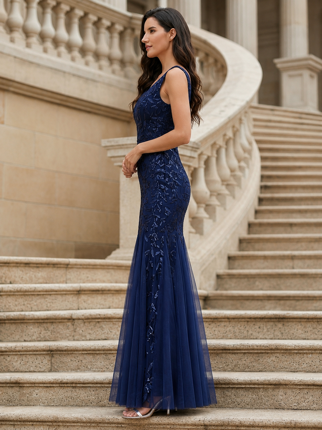 Embroidered Sequin Mermaid Evening Dress