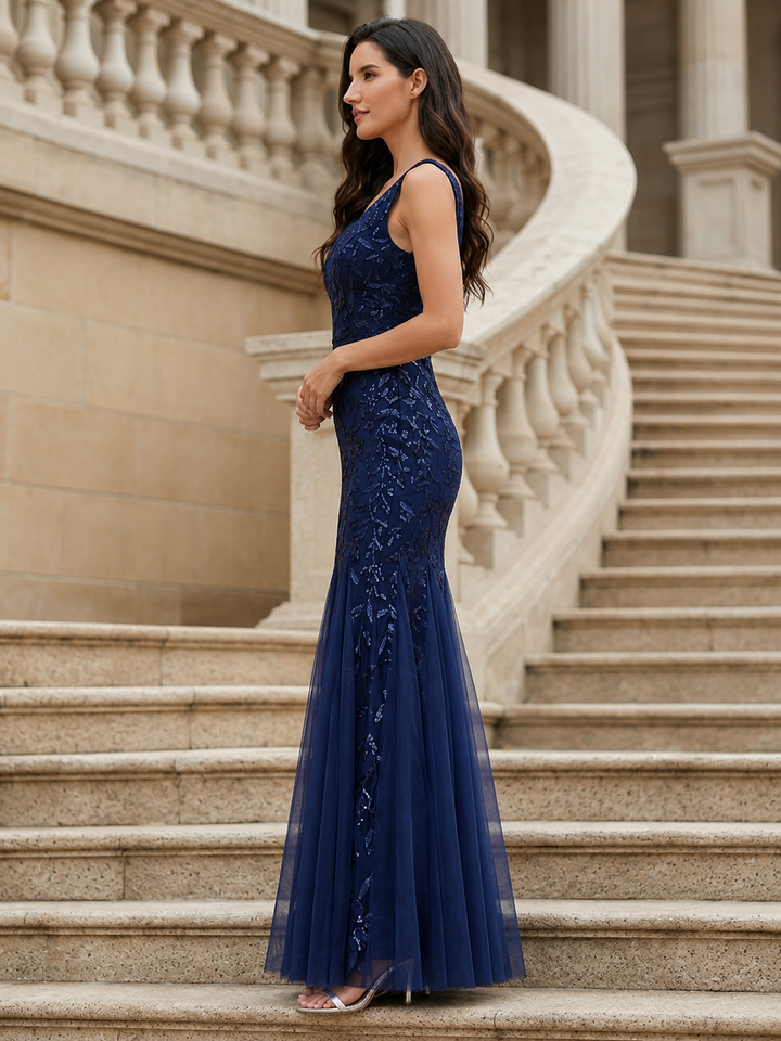 Embroidered Sequin Mermaid Evening Dress