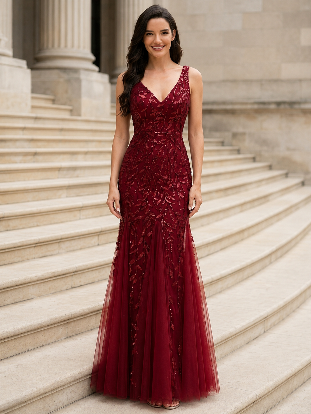 Embroidered Sequin Mermaid Evening Dress