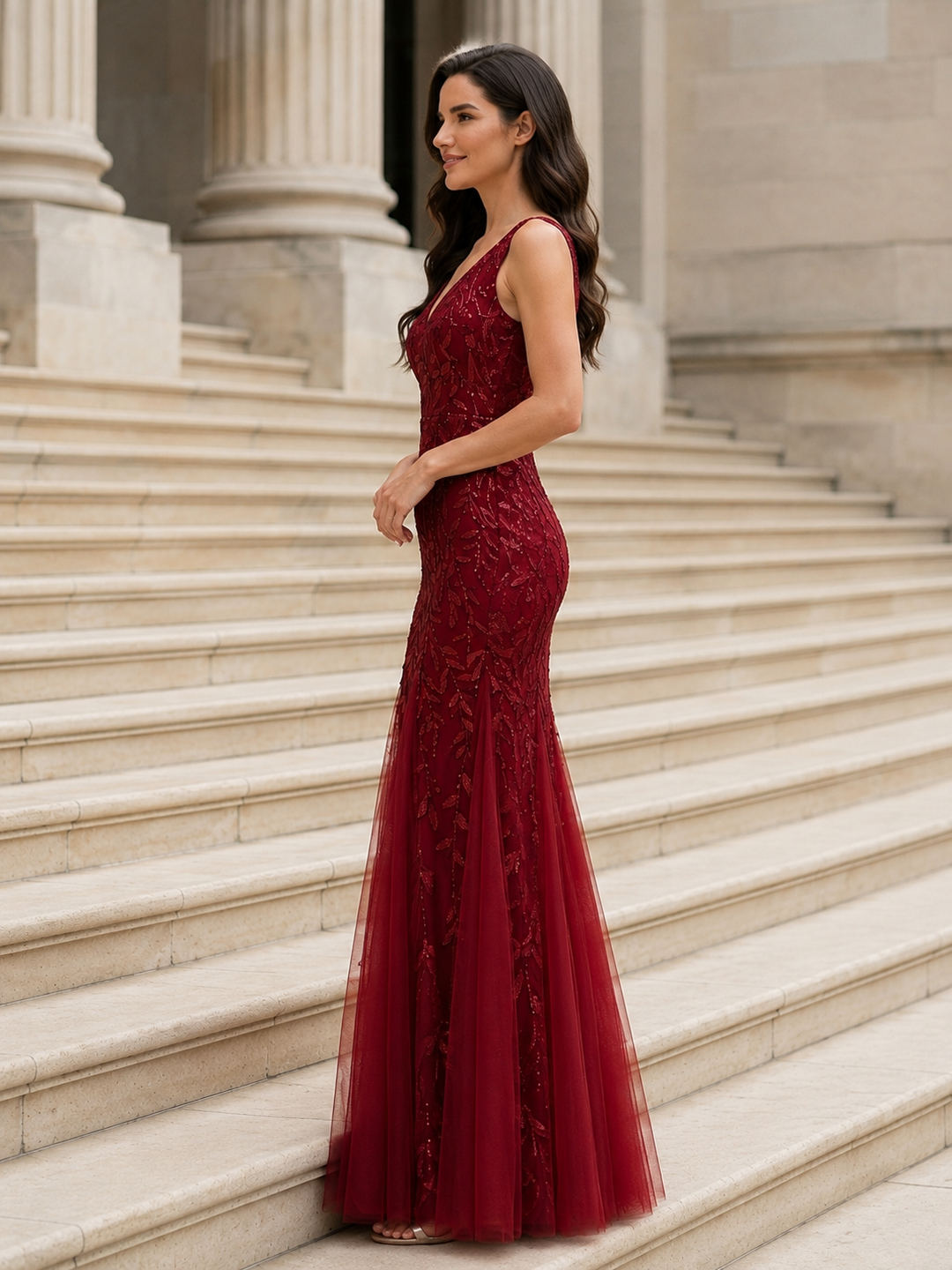 Embroidered Sequin Mermaid Evening Dress