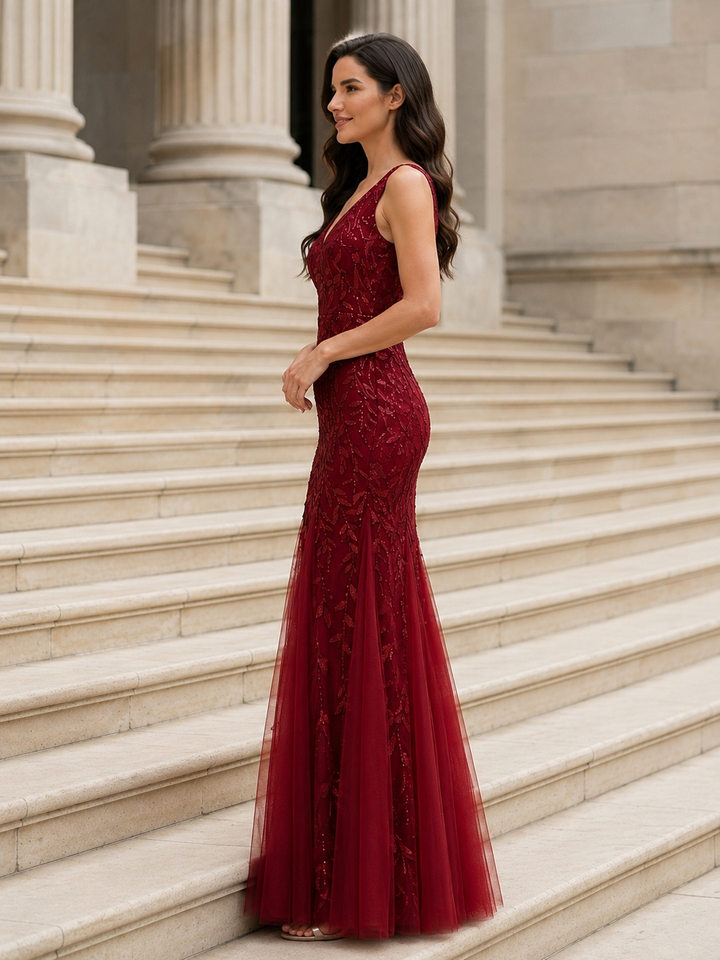 Embroidered Sequin Mermaid Evening Dress