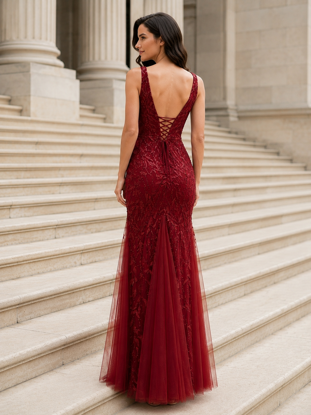 Embroidered Sequin Mermaid Evening Dress