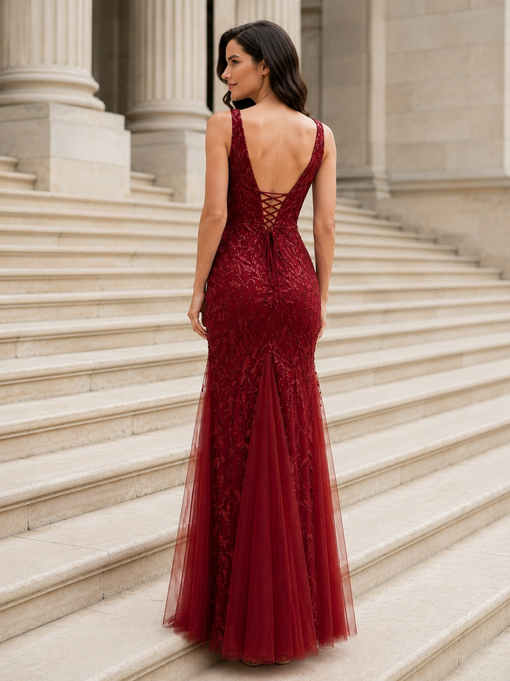 Embroidered Sequin Mermaid Evening Dress