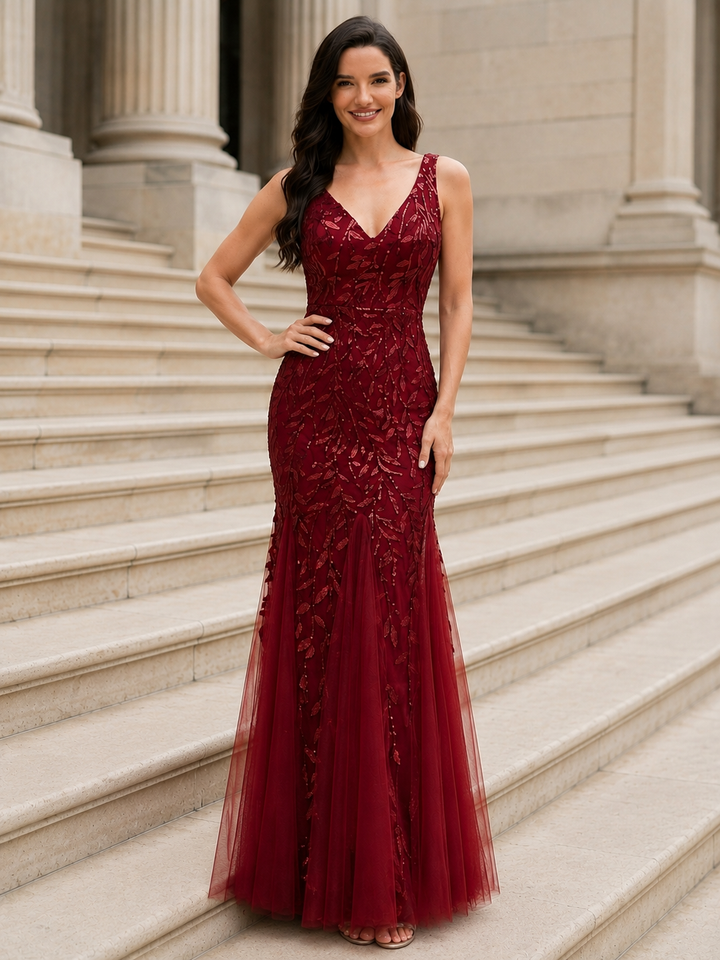 Embroidered Sequin Mermaid Evening Dress