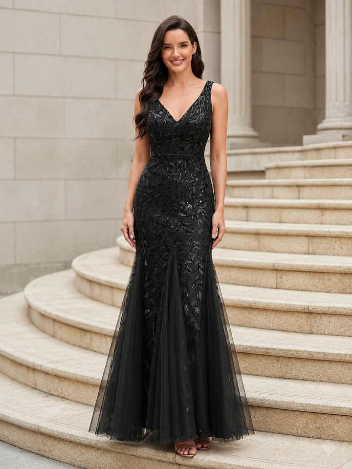 Embroidered Sequin Mermaid Evening Dress