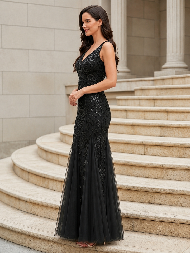 Embroidered Sequin Mermaid Evening Dress