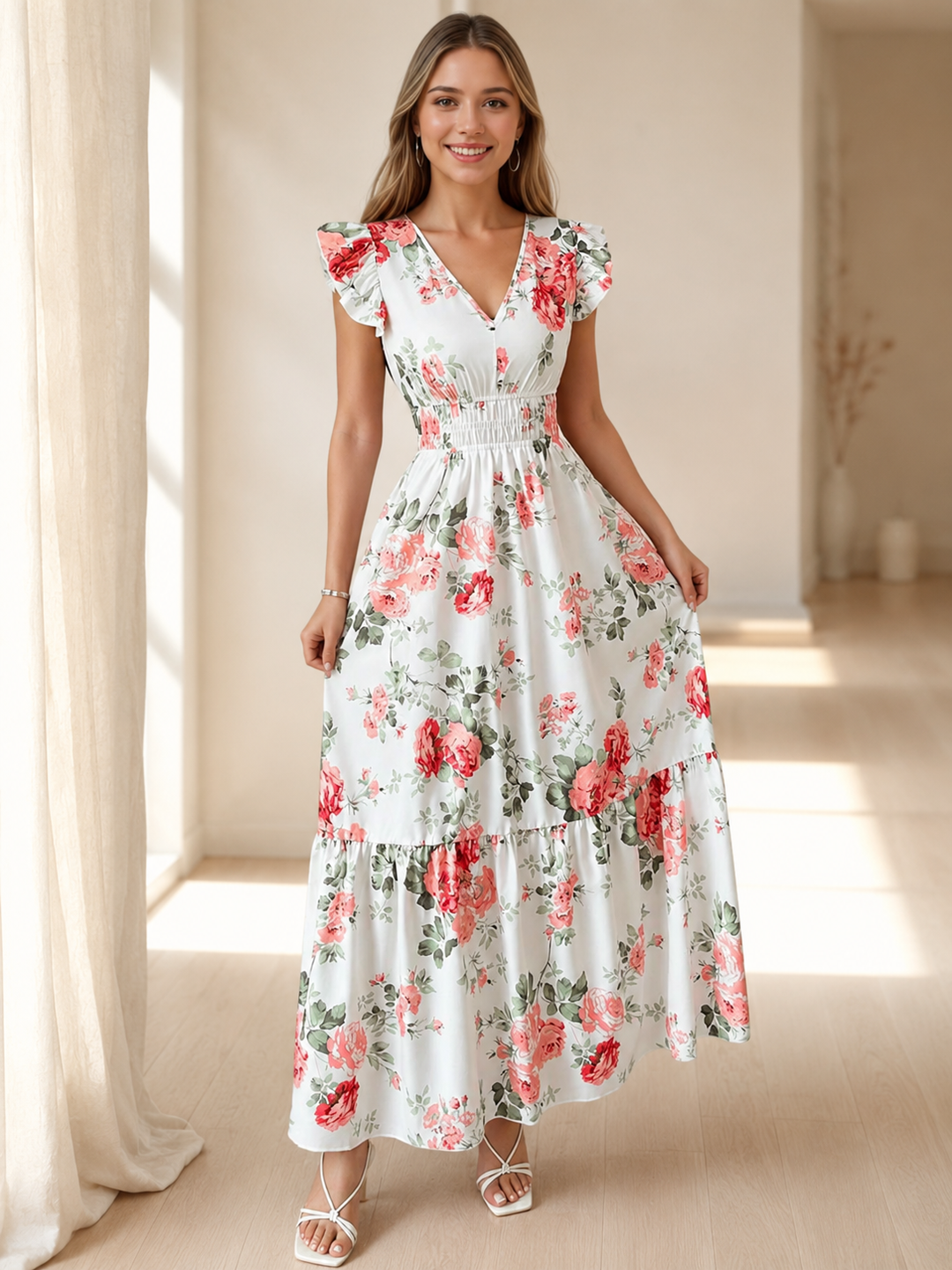 Floral Print Ruffle Sleeve Maxi Dress