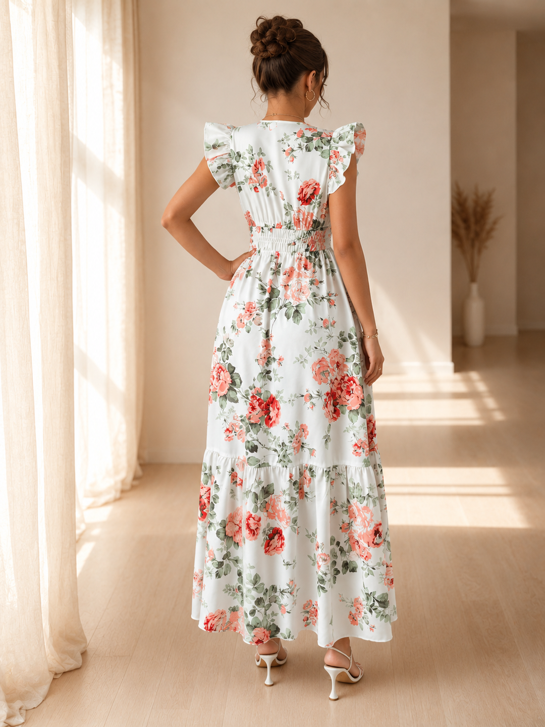 Floral Print Ruffle Sleeve Maxi Dress