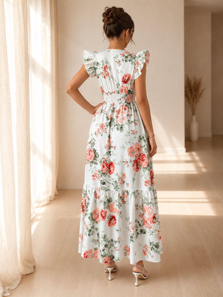 Floral Print Ruffle Sleeve Maxi Dress
