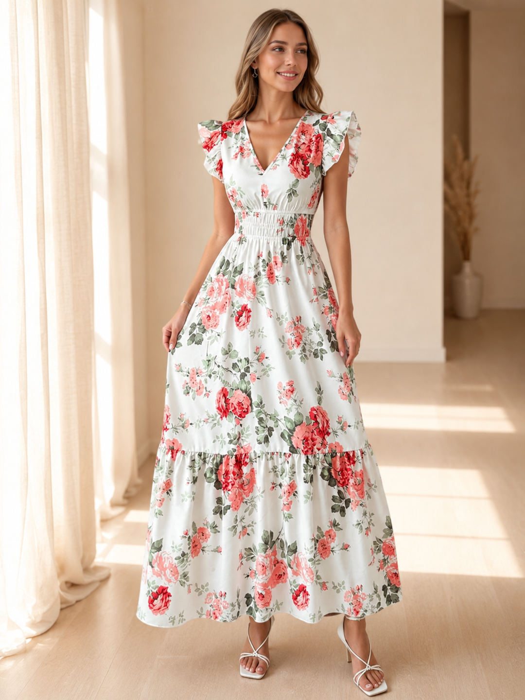 Floral Print Ruffle Sleeve Maxi Dress