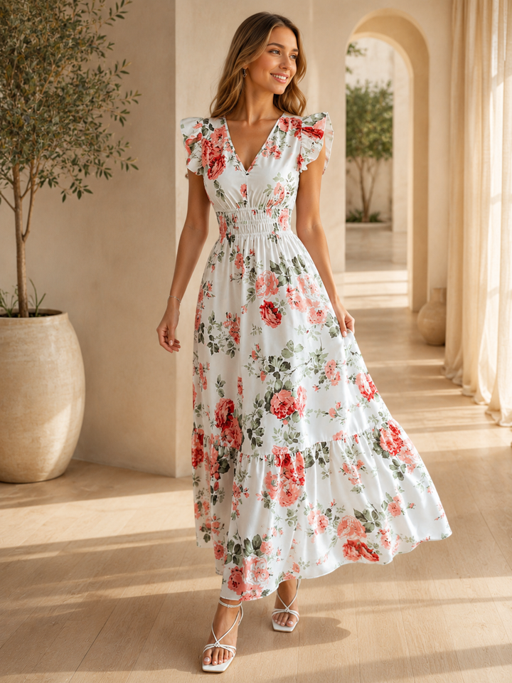 Floral Print Ruffle Sleeve Maxi Dress