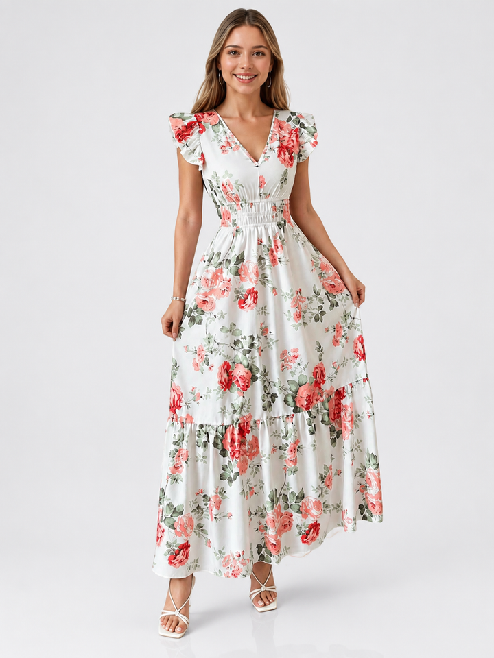 Floral Print Ruffle Sleeve Maxi Dress