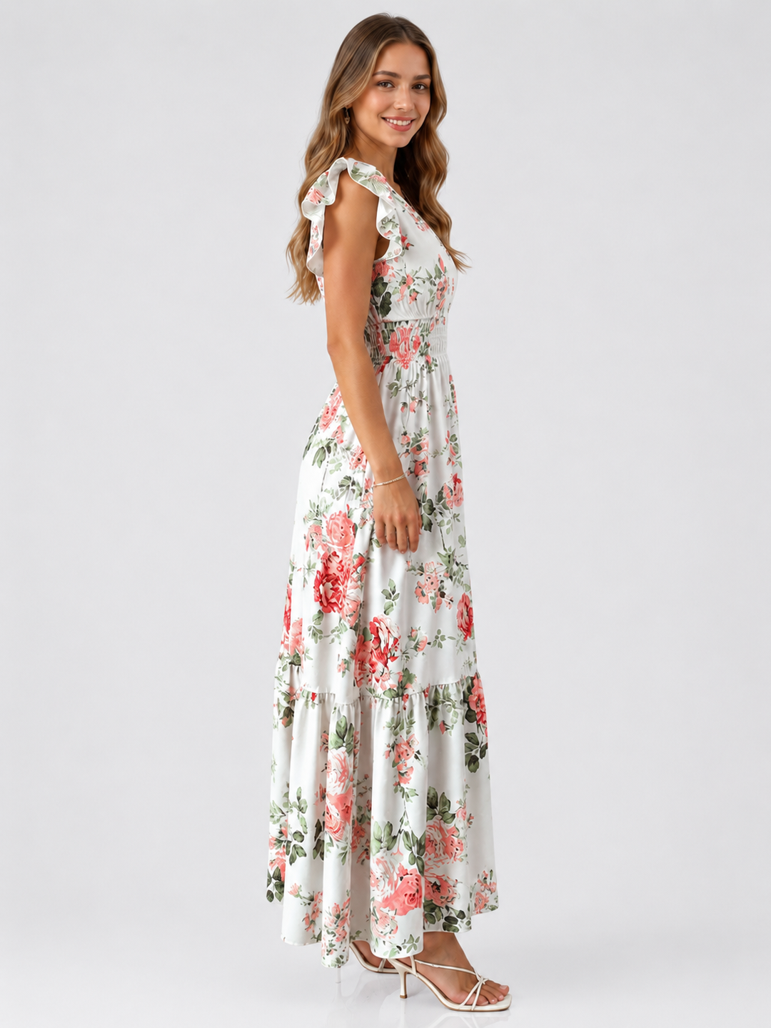 Floral Print Ruffle Sleeve Maxi Dress