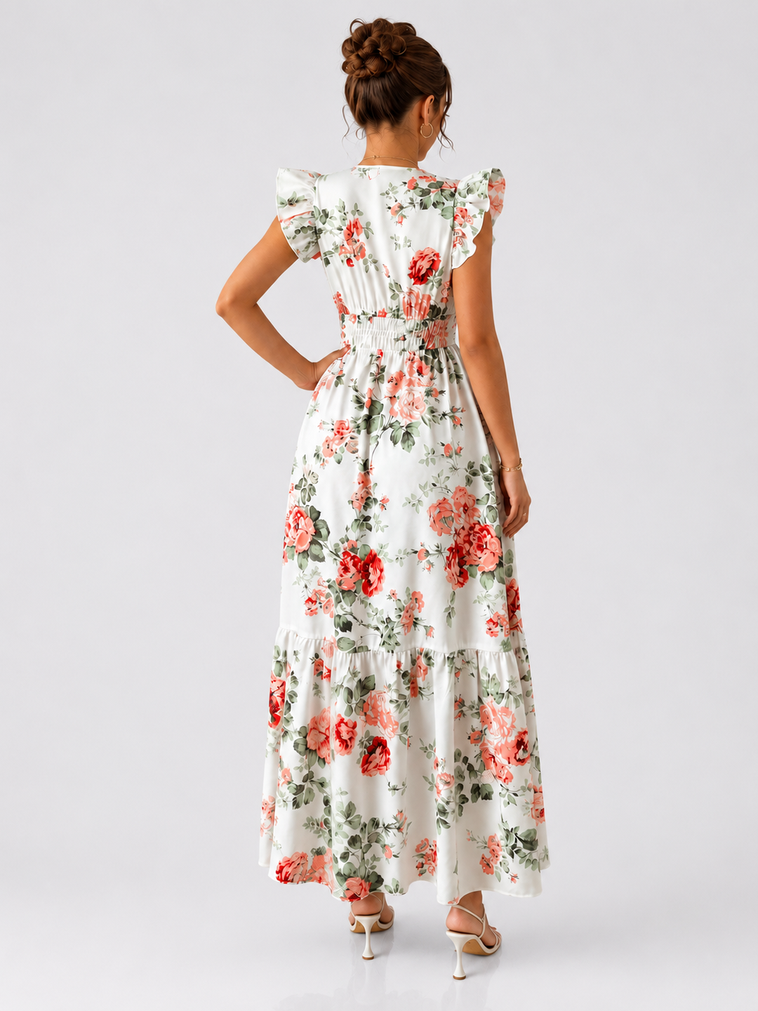 Floral Print Ruffle Sleeve Maxi Dress