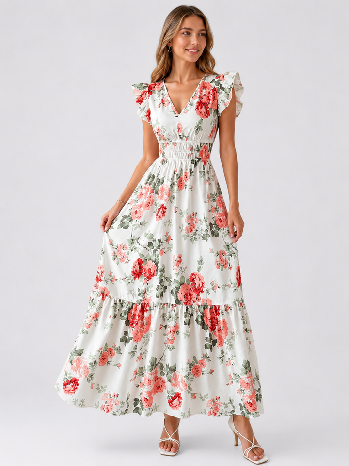 Floral Print Ruffle Sleeve Maxi Dress