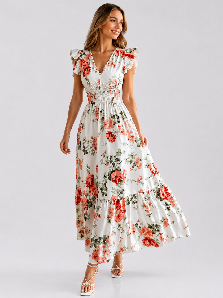 Floral Print Ruffle Sleeve Maxi Dress