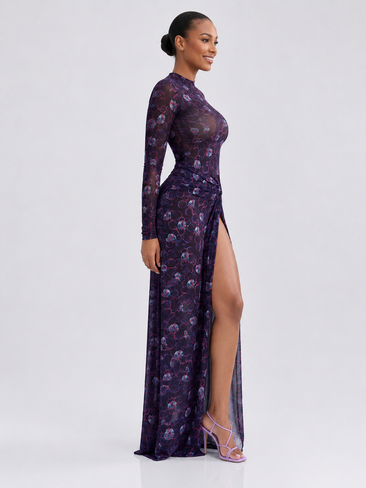 Sheer Floral Print Maxi Dress with High Slit