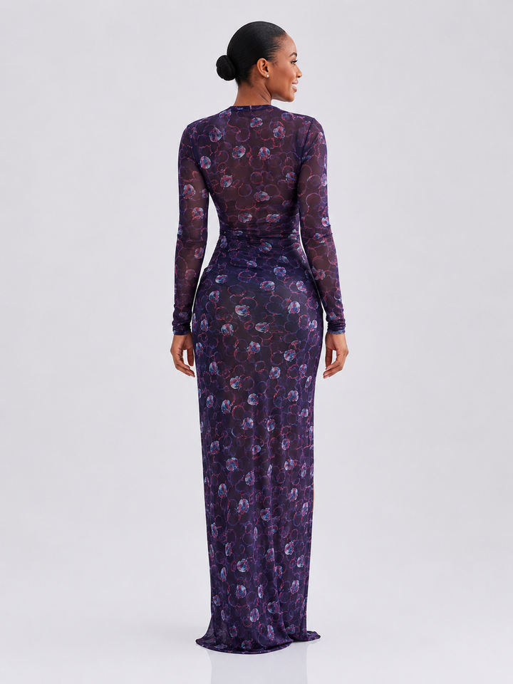 Sheer Floral Print Maxi Dress with High Slit