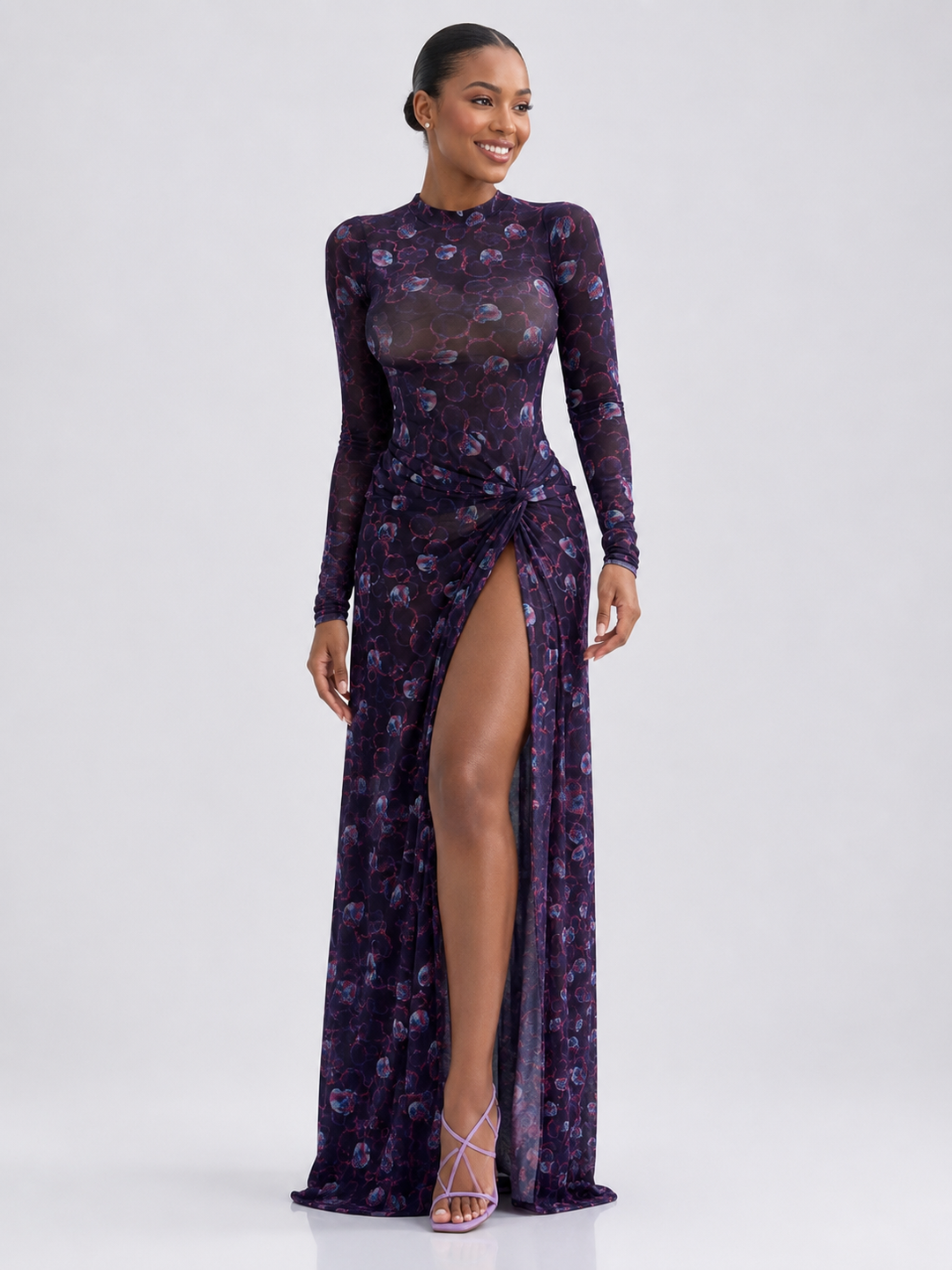 Sheer Floral Print Maxi Dress with High Slit