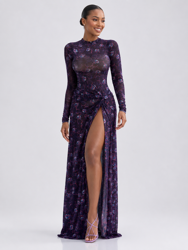 Sheer Floral Print Maxi Dress with High Slit