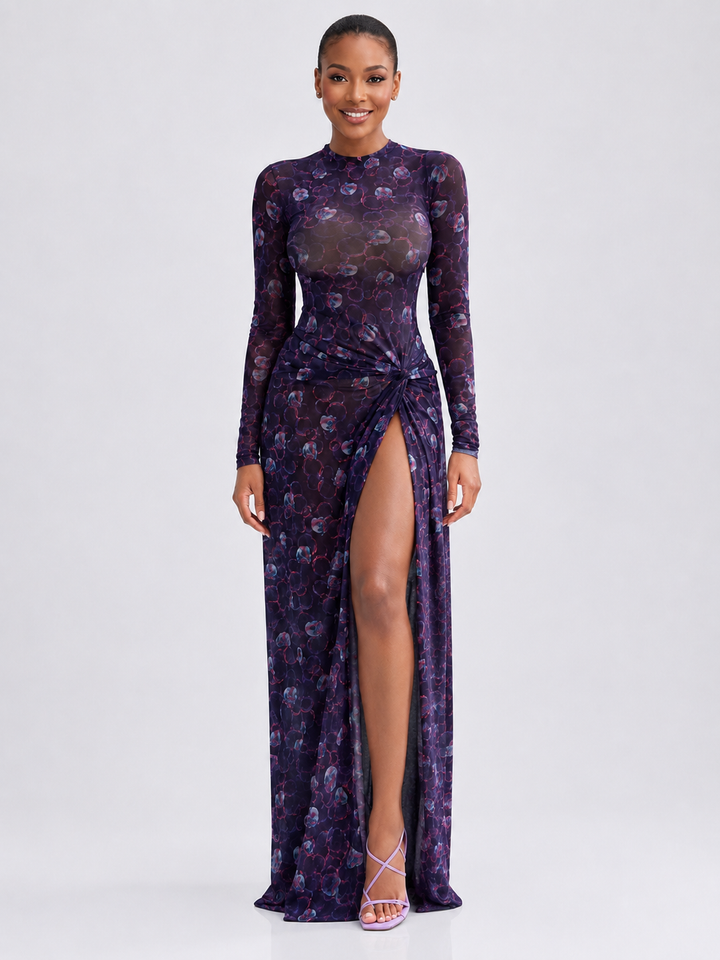 Sheer Floral Print Maxi Dress with High Slit