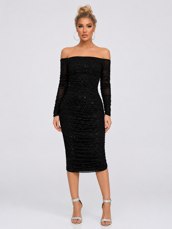 Long Sleeve Off-Shoulder Ruched Dress