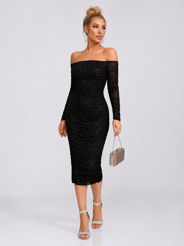 Long Sleeve Off-Shoulder Ruched Dress