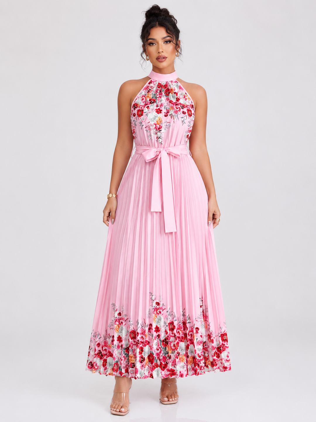 Floral Pleated Halter Maxi Dress
