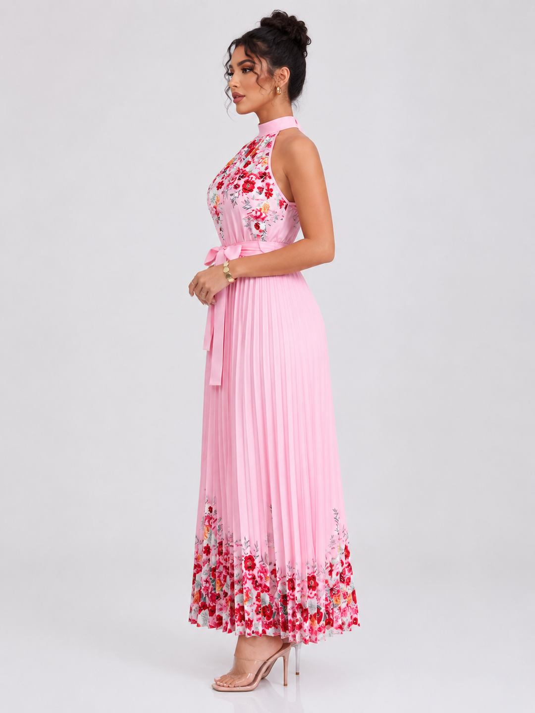 Floral Pleated Halter Maxi Dress