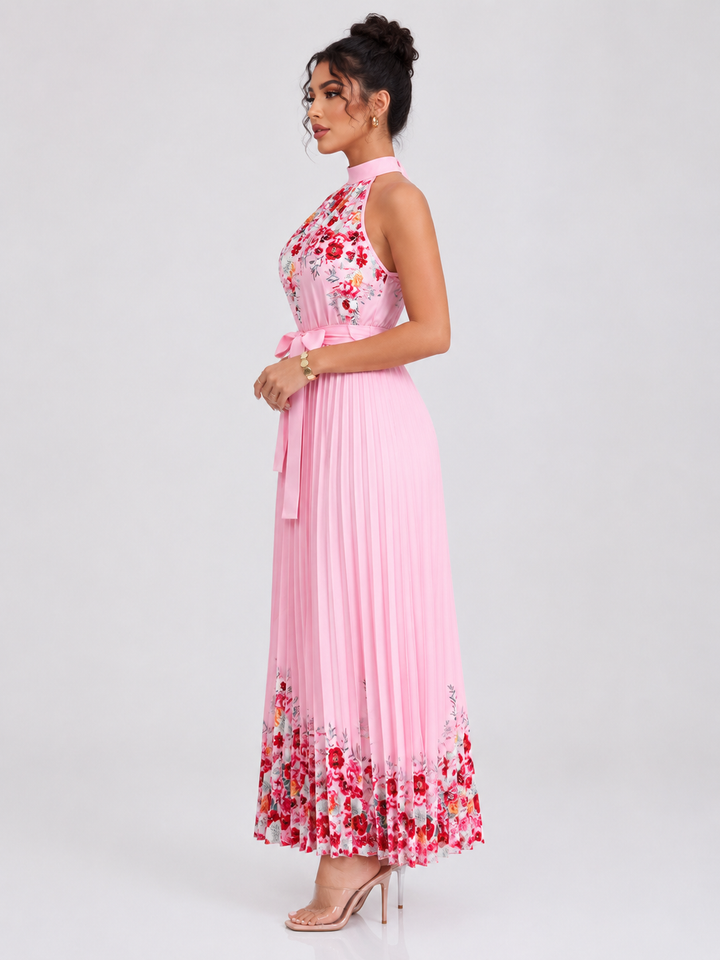 Floral Pleated Halter Maxi Dress
