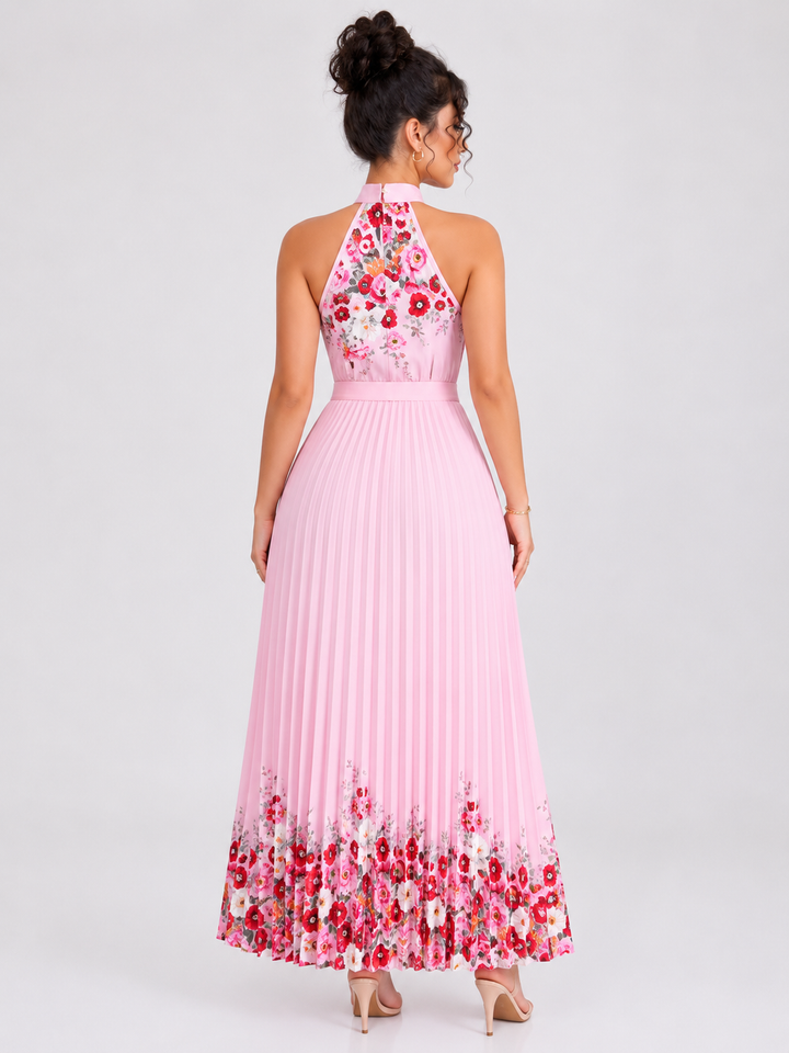 Floral Pleated Halter Maxi Dress