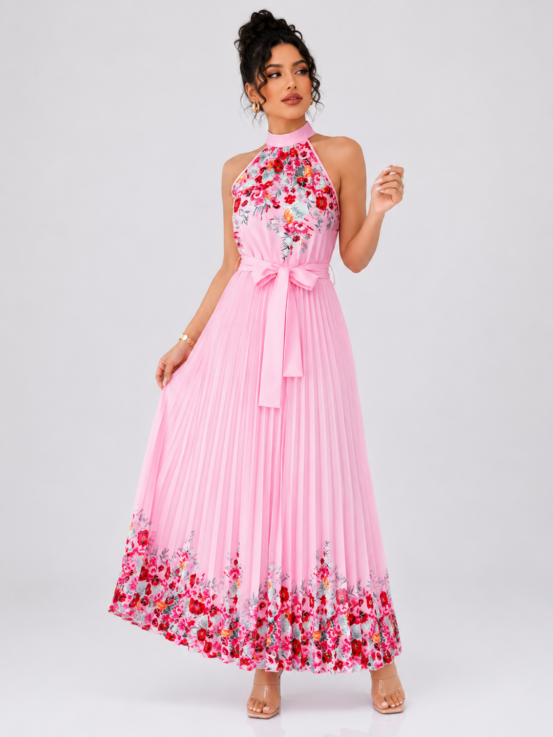 Floral Pleated Halter Maxi Dress